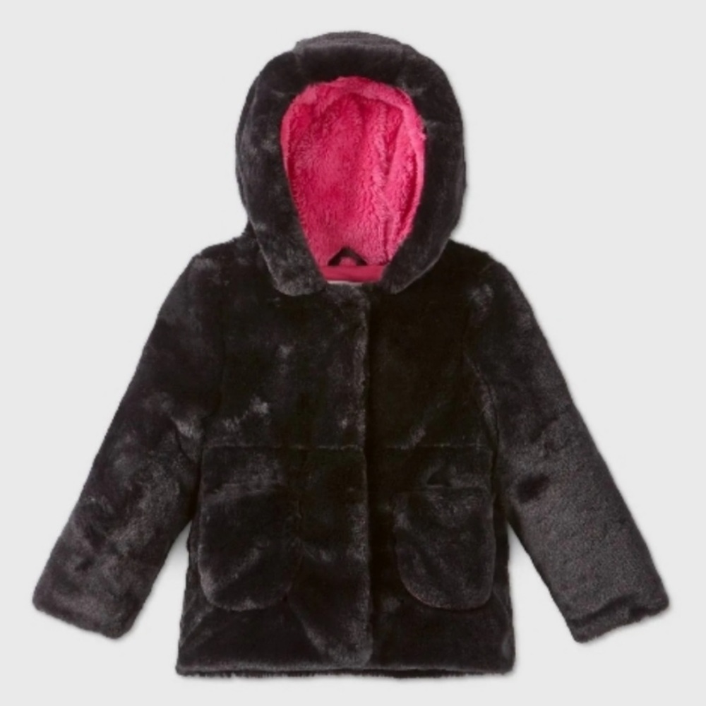 Cat & Jack Toddler Girl Faux Fur Hooded Jacket - Black and Pink 2T